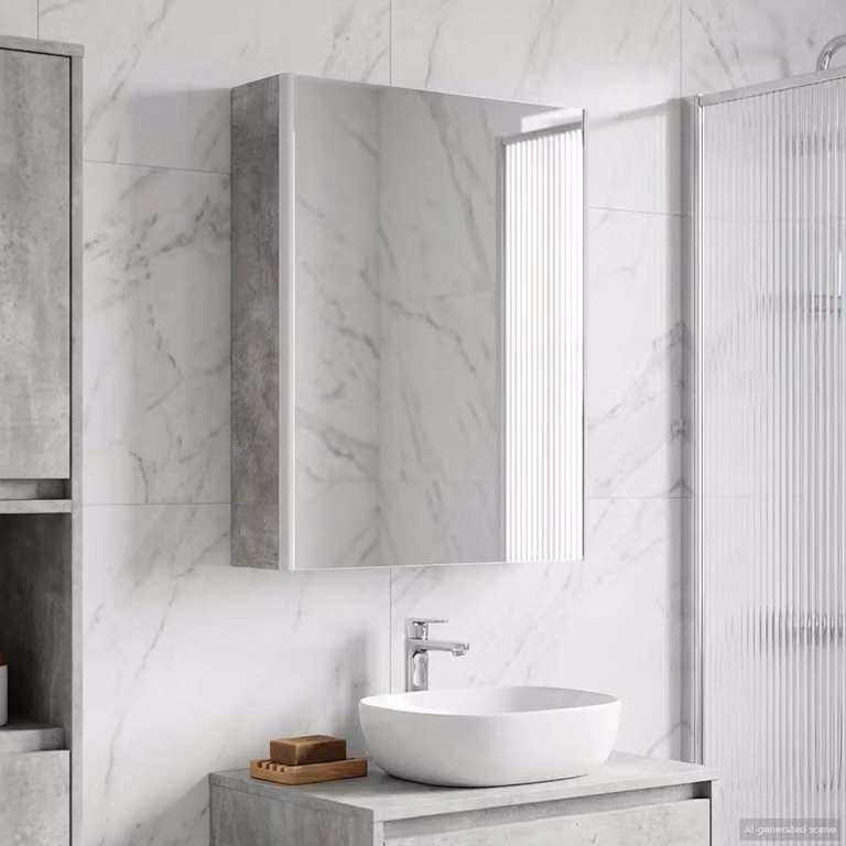 Mobiletto per specchio da bagno vidaXL moderno con illuminazione LED e ante in vetro, Grigio cemento, L: 70,0 cm, P: 15,5 cm, H: 53,5 cm