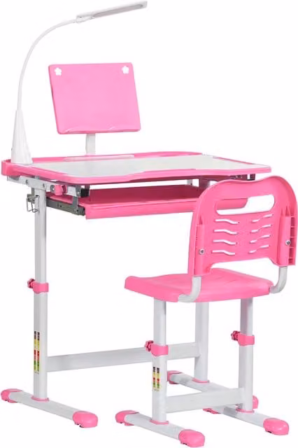 HOMCOM Banco Scuola con Sedia per Bambini 6-12 Anni, Piano Inclinabile e Altezza Regolabile con Lampada LED, Rosa