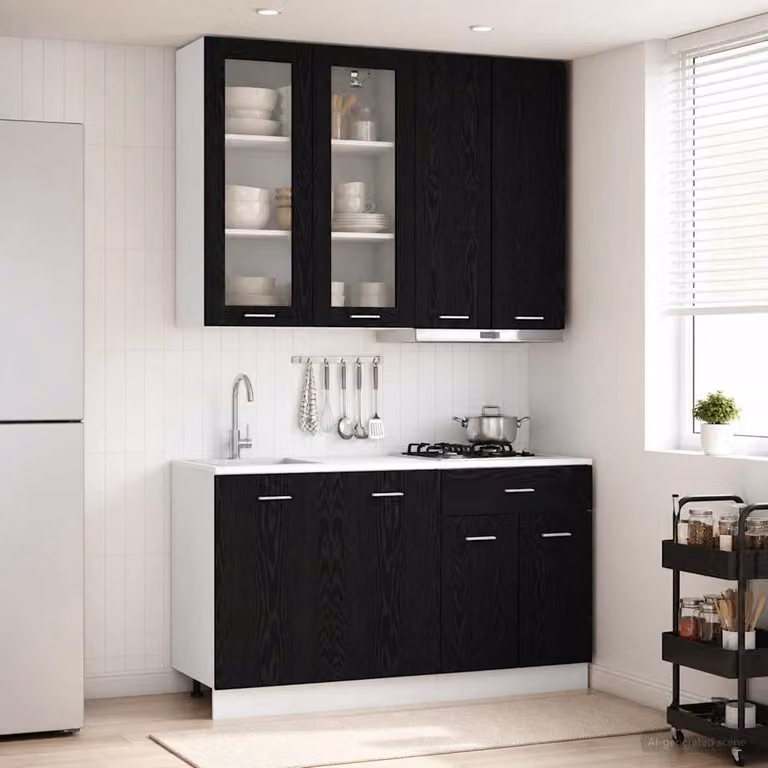 Set di mobili da cucina moderna vidaXL LYON composto da 4 pezzi in MDF color rovere e nero con ante in vetro