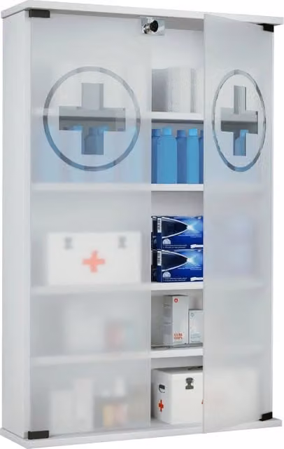 Armadietto Medicinali HealthBox Ezooza Bianco con Ante in Vetro e Serratura L: 60 cm, P: 18 cm, H: 91 cm