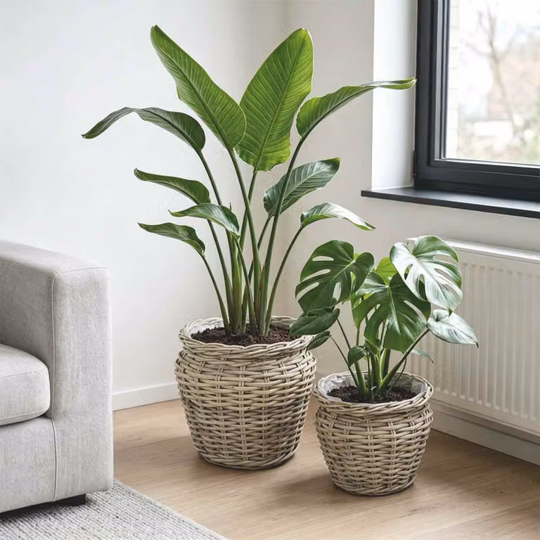 Set di 2 cesti per piante vidaXL GENDT in rattan Kubu con coperchio, Grigio naturale e Beige, L: 40 cm, P: 40 cm, H: 35 cm