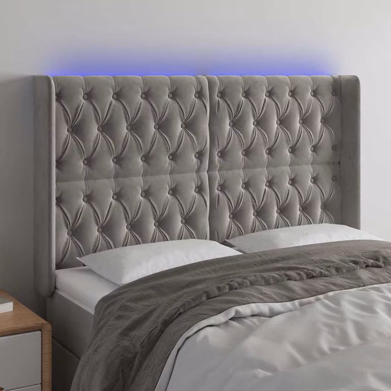 Testiera con LED e porta USB vidaXL in velluto grigio, L/P/H: 163 x 16 x 118 cm