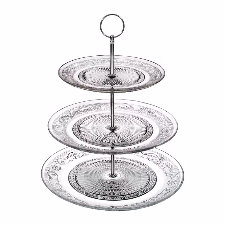 Alzata 3 Piani in Vetro Trasparente Gusto Casa per Dessert e Patisserie, H: 34,5 cm, Diametri: 20-25-29 cm