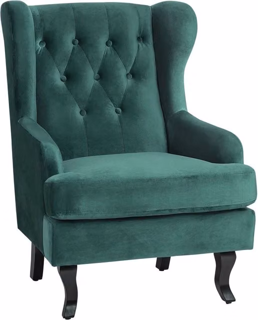 Sedia Wingback BELIANI in velluto verde con gambe in legno massello e braccioli, stile scandinavo glamour, H: 85 cm, L: 72 cm, P: 102 cm