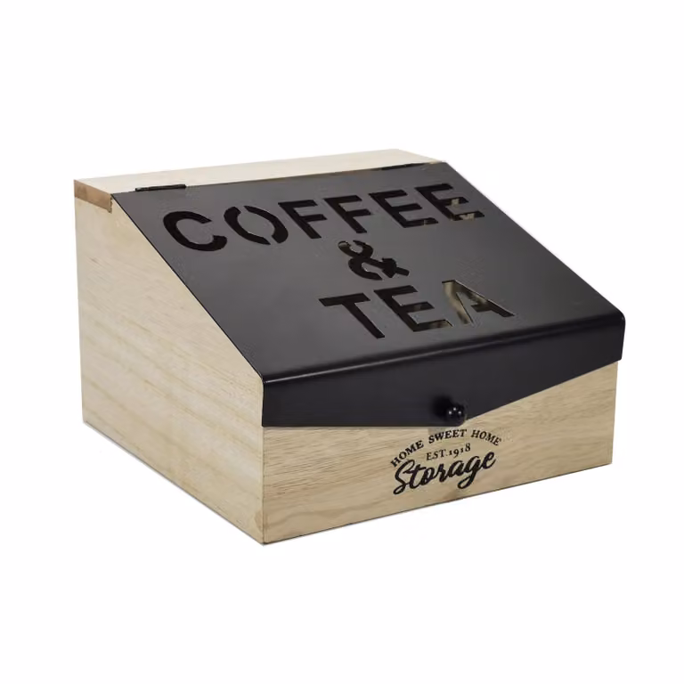 Porta Capsule e Tisane GUSTO CASA in MDF e Ferro con Coperchio, Nero, H 12 x L 18 x P 18 cm