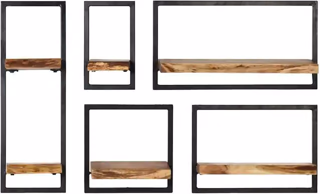 Set di 5 mensole in legno massello di acacia e acciaio in stile industrial, colore marrone
