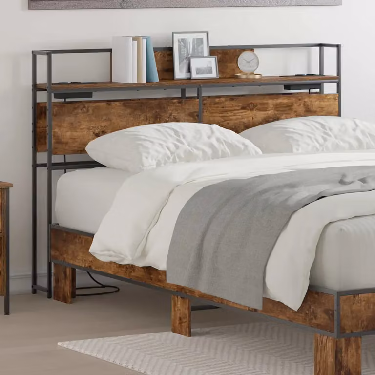 Testata contenitore vidaXL in legno Rovere fumo con porta USB e mensola integrata, L 140 x H 98 x P 15 cm