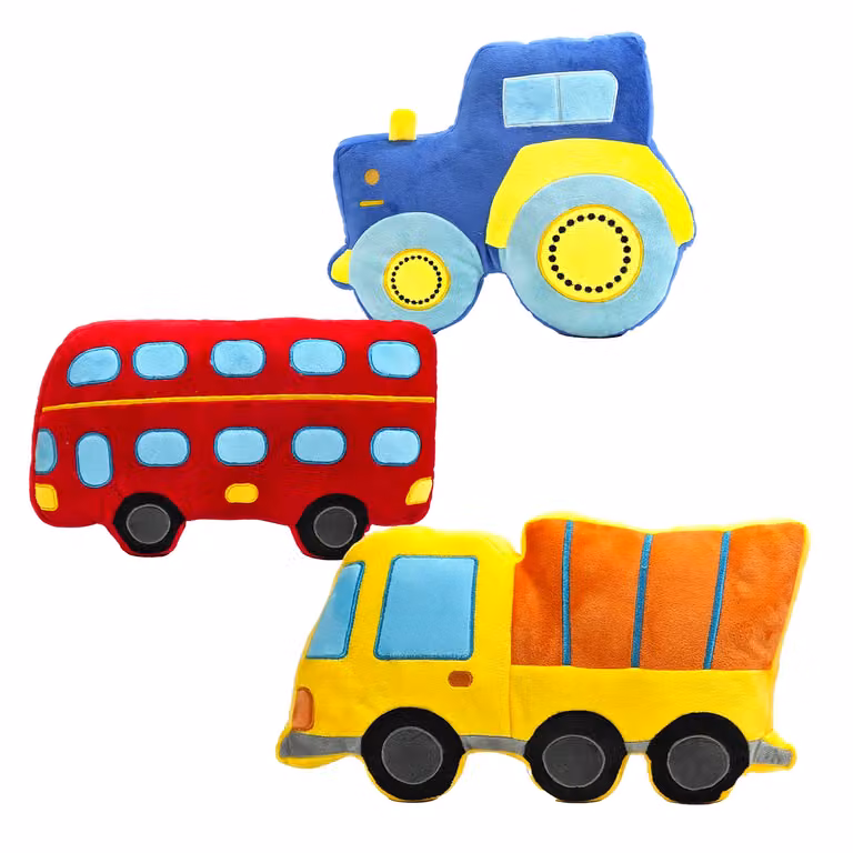 Cuscino Sagomato Veicoli Linea Baby Cute Vestiamo Casa con Motivi Trattore, Bus e Camion Multicolore in Poliestere