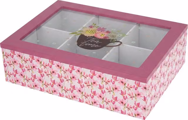 Scatola per tè con 6 scomparti e decorazione floreale, colore rosa, L: 24 cm, P: 17 cm, H: 7 cm