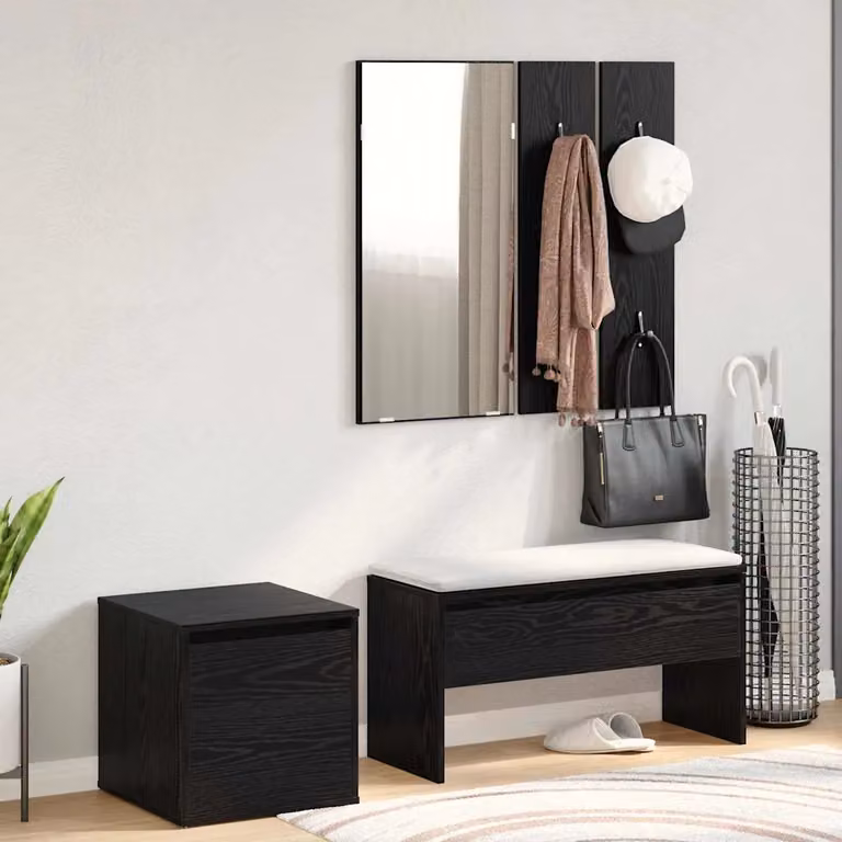 Set mobili da ingresso moderno vidaXL in legno ingegnerizzato nero opaco con specchio e ganci