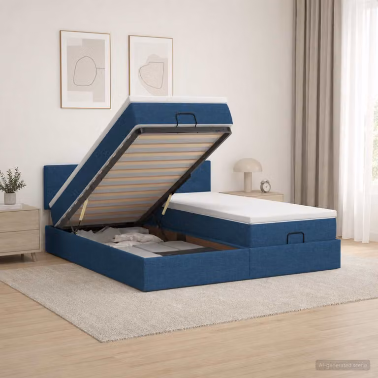 Letto ottomano con materasso ibrido e testiera vidaXL, Blu e Bianco, L/P/H: 180 x 200 x 88 cm