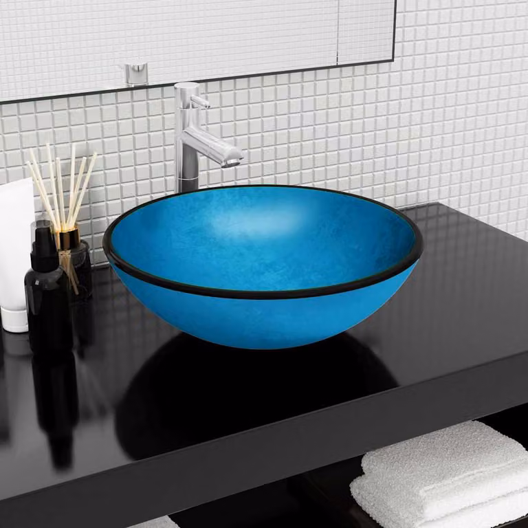 Lavandino da appoggio rotondo in vetro temperato blu vidaXL L: 42 cm