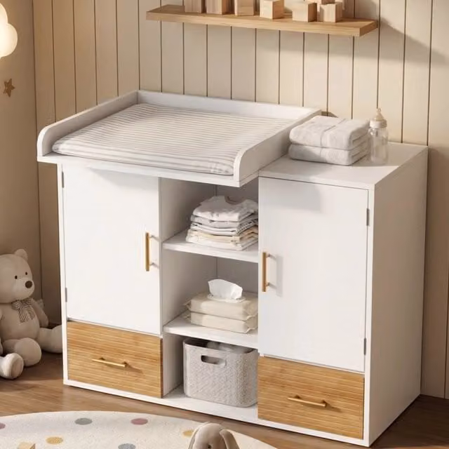 Cassettiera fasciatoio multifunzione WISHDOR bianca con armadietto, cassetti e ripiani, L: 114 cm, P: 53 cm, H: 92 cm