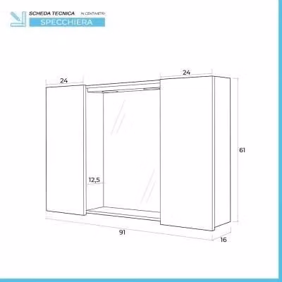 Specchio contenitore Way bianco lucido con illuminazione LED e ante laterali L: 91 cm, H: 61 cm, P: 16 cm