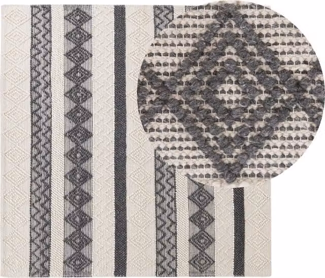 Tappeto Beliani intrecciato a mano in lana e poliestere con motivo geometrico boho, beige e grigio, 200 x 200 cm