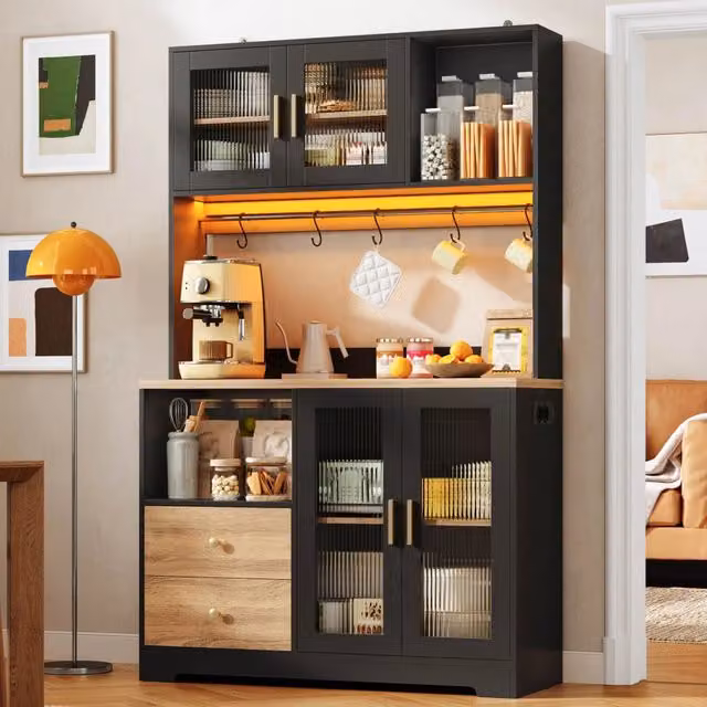 Colonna da cucina WISHDOR con ante in vetro temperato, illuminazione LED e prese USB, nero, L: 110 cm, P: 40 cm, H: 178 cm