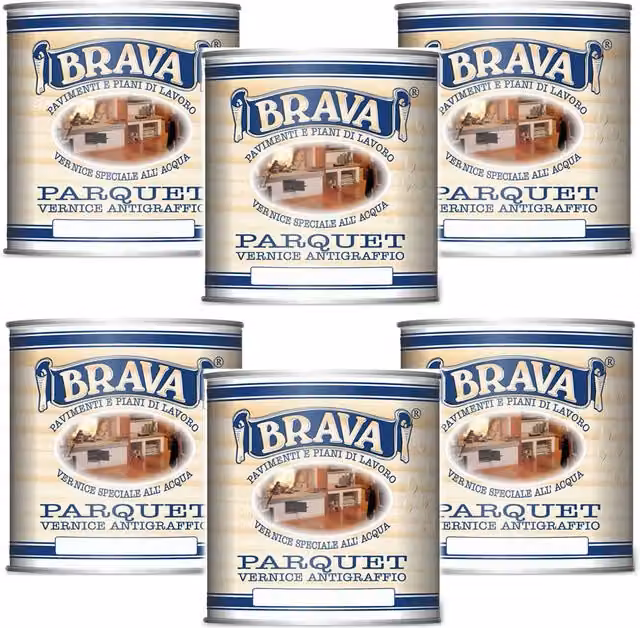Multipack da 6 pezzi di vernice per parquet Brava trasparente satinata all'acqua, 750 ml per flacone