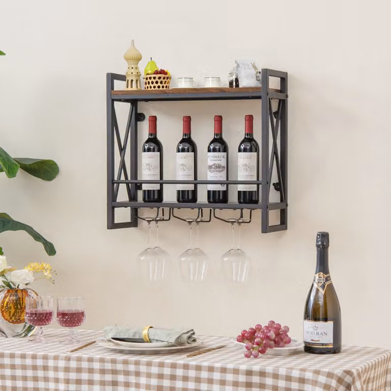 Portabottiglie da parete industriale Costway a 2 livelli con 3 porta calici, colore marrone