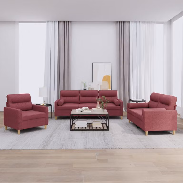 Set di divani 3 pezzi vidaXL in tessuto rosso con cuscini per soggiorno moderno