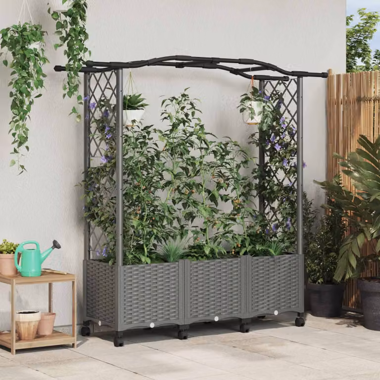 Letto rialzato con griglia e tetto vidaXL in plastica grigio chiaro per orto ornamentale o erbe aromatiche L: 164 cm, P: 144 cm, H: 66 cm