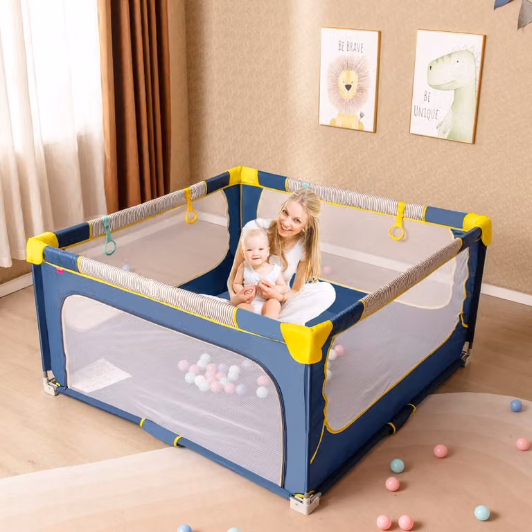 Recinto per bambini pieghevole Costway con rete trasparente e cancello con cerniera, Blu, L 150 cm x P 150 cm x H 150 cm
