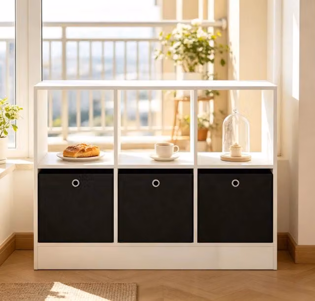 Libreria a cubi OKWISH con 3 cassetti in tessuto e vani aperti in legno MDF, ideale per casa e ufficio, L 80 x P 30 x H 61 cm