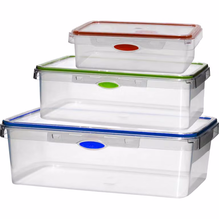 Set di 3 contenitori ermetici trasparenti Gusto Casa in polipropilene con chiusura a clip, adatti a microonde, congelatore e lavastoviglie