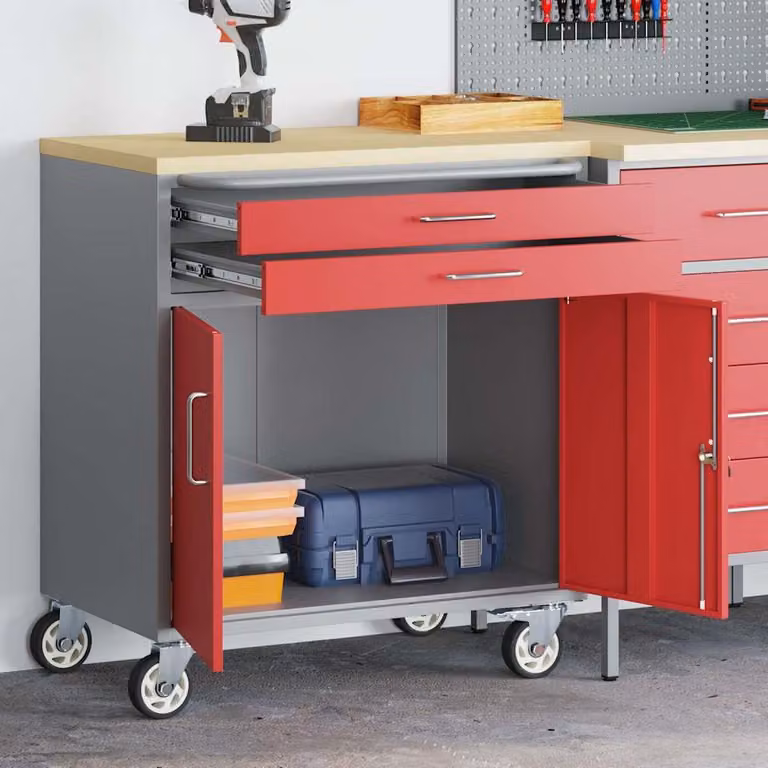 vidaXL Carrello da lavoro a rulli in acciaio e legno, Rosso e Grigio, L 75 cm x P 45 cm x H 85 cm