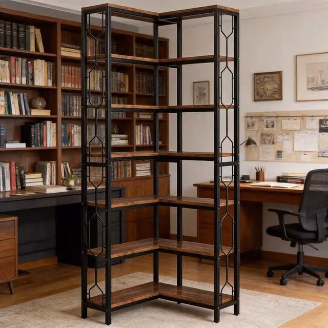 Libreria angolare moderna OKWISH con 7 ripiani in metallo e legno MDF per soggiorno e ufficio, nero e marrone, H: 107 cm, L: 29,5 cm, P: 27,5 cm