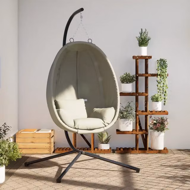 Sedia a uovo sospesa vidaXL con supporto in acciaio e tessuto beige per giardino e lounge H 193 x L 104 x P 100 cm