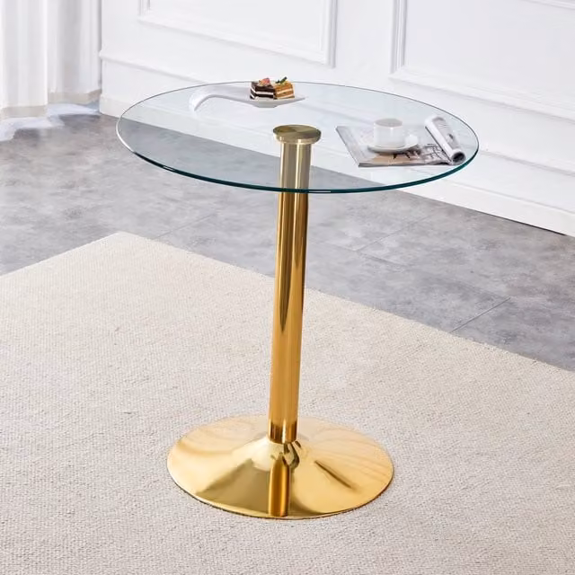 Tavolo da bar rotondo OKWISH con piano in vetro trasparente e base in metallo oro, ideale per cucina e locali, Ø 89 cm x H 92 cm
