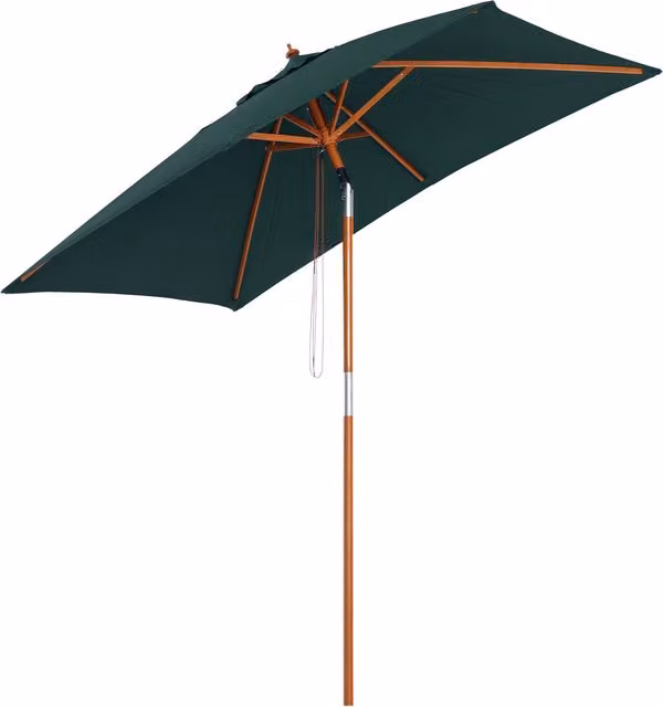 Ombrellone da giardino inclinabile Outsunny verde con palo in legno e apertura a corda, L: 200 cm x P: 150 cm