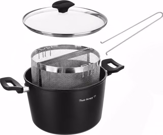 Pentola per pasta KASANOVA nera con rivestimento antiaderente in ceramica, 2 cestelli e coperchio in vetro, diametro: 22 cm
