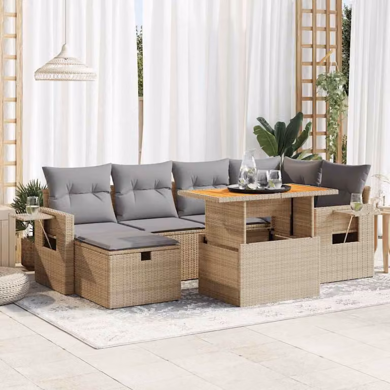 Set Divano da Giardino vidaXL 8 pz in Polyrattan e Legno di Acacia con Cuscini Beige e Grigio per Esterno