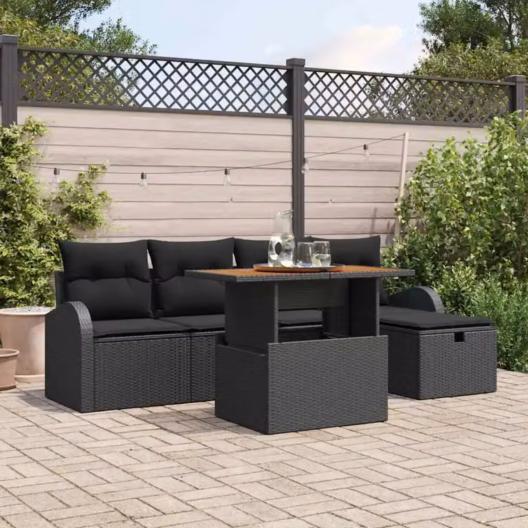Set Divano da Giardino vidaXL 6 pz in Polyrattan Nero con Cuscini e Tavolino