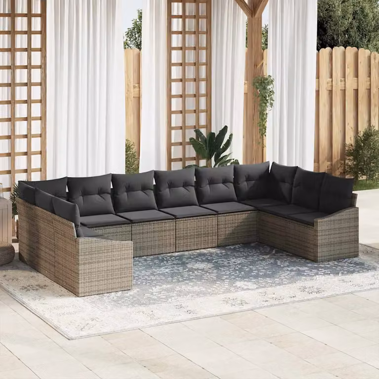 Set Divano da Giardino vidaXL 10 Pezzi in Polyrattan Grigio con Cuscini e Struttura in Acciaio