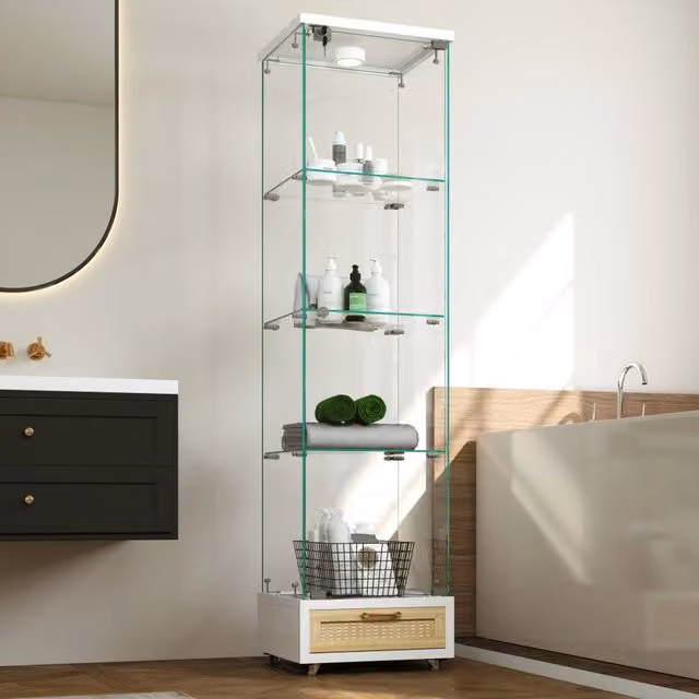 Libreria Vetrina Minimal Bianca con Cassetti, Vetro Temperato, LED, 1 Anta e 4 Ripiani, H 167 x L 42.5 x P 36.5 cm