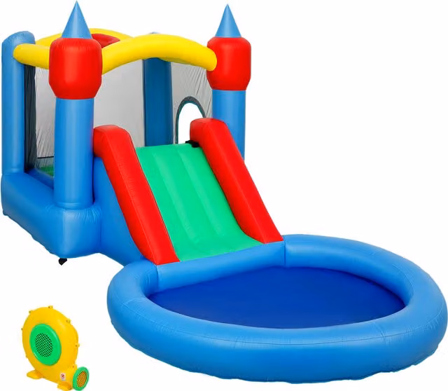 Castello Gonfiabile AIYAPLAY 4 in 1 con Trampolino, Scivolo e Piscina per Palline, Multicolore, L: 415 cm, P: 205 cm, H: 190 cm