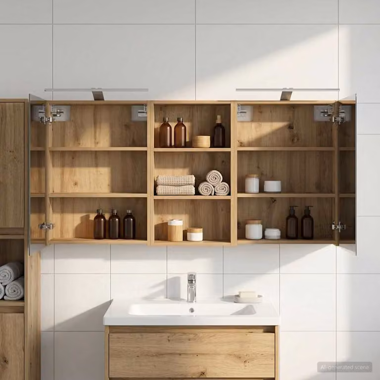 Set di 3 armadi da bagno con specchio e illuminazione LED vidaXL, colore marrone, L/P/H: 70 x 14,5 x 140 cm