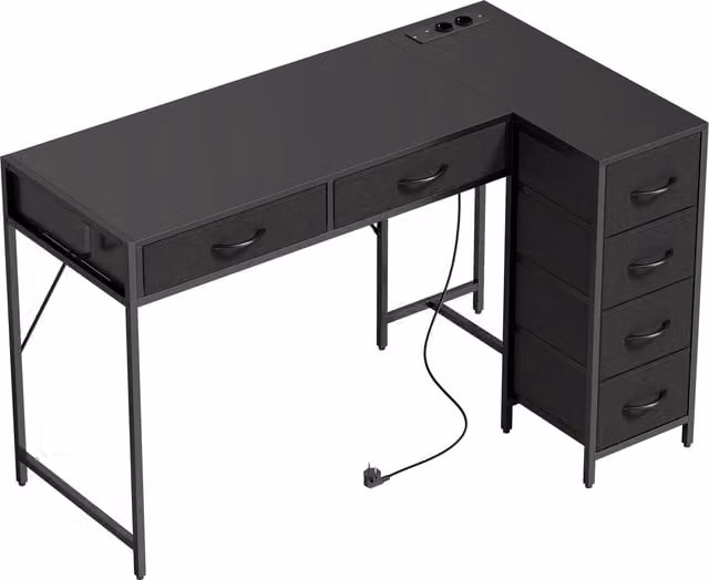 Scrivania Angolare HOMCOM con 6 Cassetti, Gancio Laterale e Prese Integrate, in Legno e Acciaio, Nero, L: 126 cm, P: 48 cm, H: 80 cm
