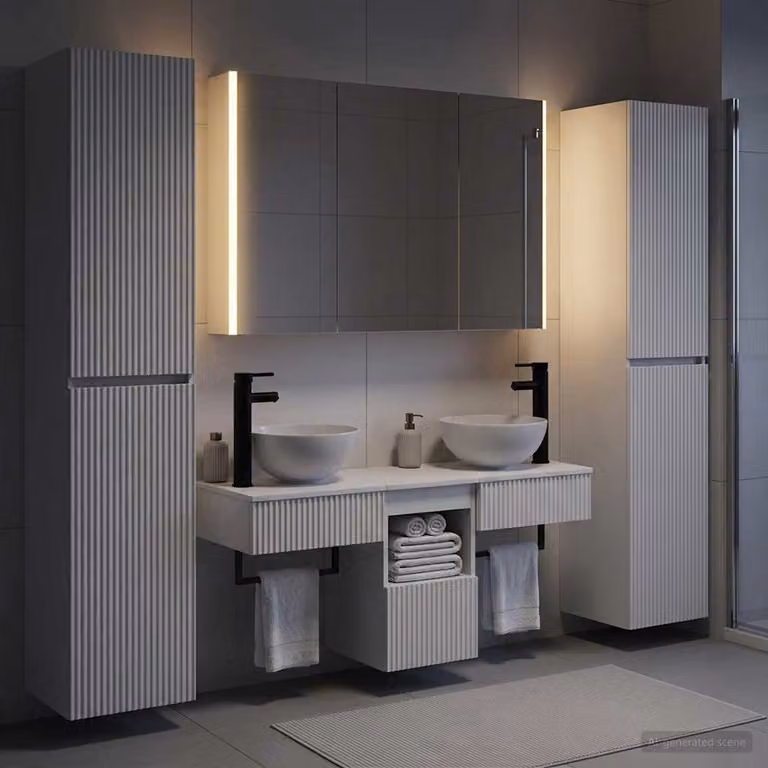 Set di mobili da bagno moderno vidaXL in bianco con specchio a LED, mobile lavabo e pensili in legno e vetro