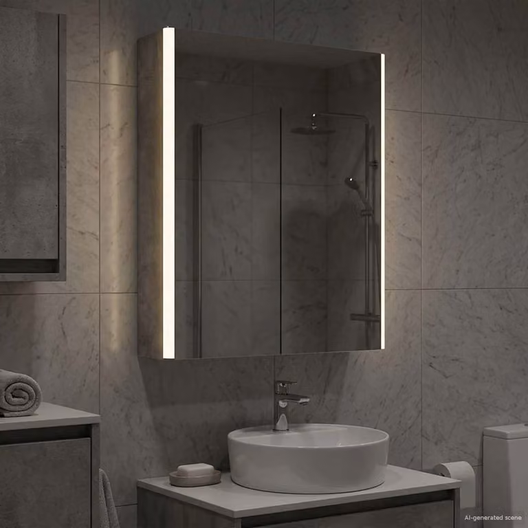 Mobiletto per specchio da bagno vidaXL moderno con illuminazione LED e specchio, Grigio cemento, L: 60,5 cm, H: 43,0 cm, P: 11,5 cm