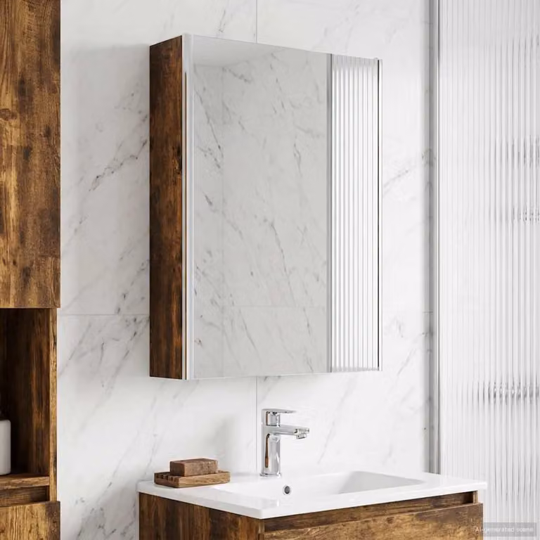 Mobiletto per specchio da bagno vidaXL in legno Rovere fumé con illuminazione LED e specchio, L: 53,5 cm, P: 15,5 cm, H: 70 cm