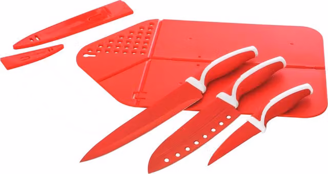 Set di taglieri rettangolari KASANOVA in plastica rossa con 3 coltelli in acciaio inox L: 38 cm, P: 23 cm