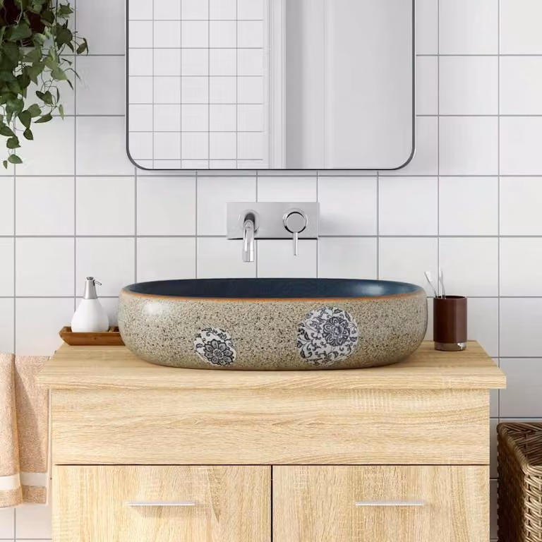 Lavabo da appoggio ovale in ceramica vidaXL, colori sabbia e blu, L: 59 cm, P: 40 cm, H: 14 cm
