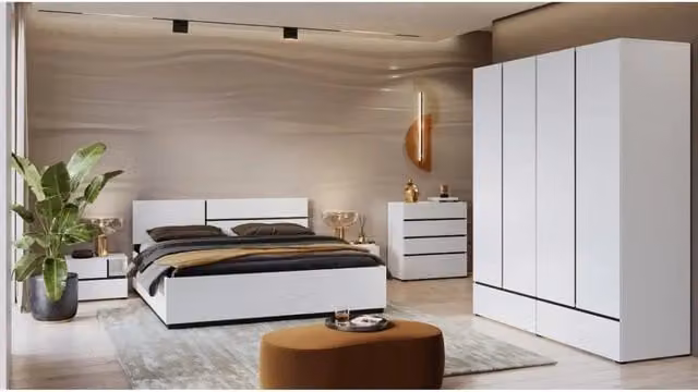 Camera da letto completa Meublorama HAVANA in bianco e nero con letto contenitore 160x200 cm, armadio a 4 ante, comodini e cassettiera