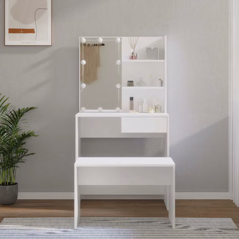 vidaXL Set Tavolo da Toeletta Bianco con LED in Legno Multistrato L: 141 cm, P: 40 cm, H: 74,5 cm