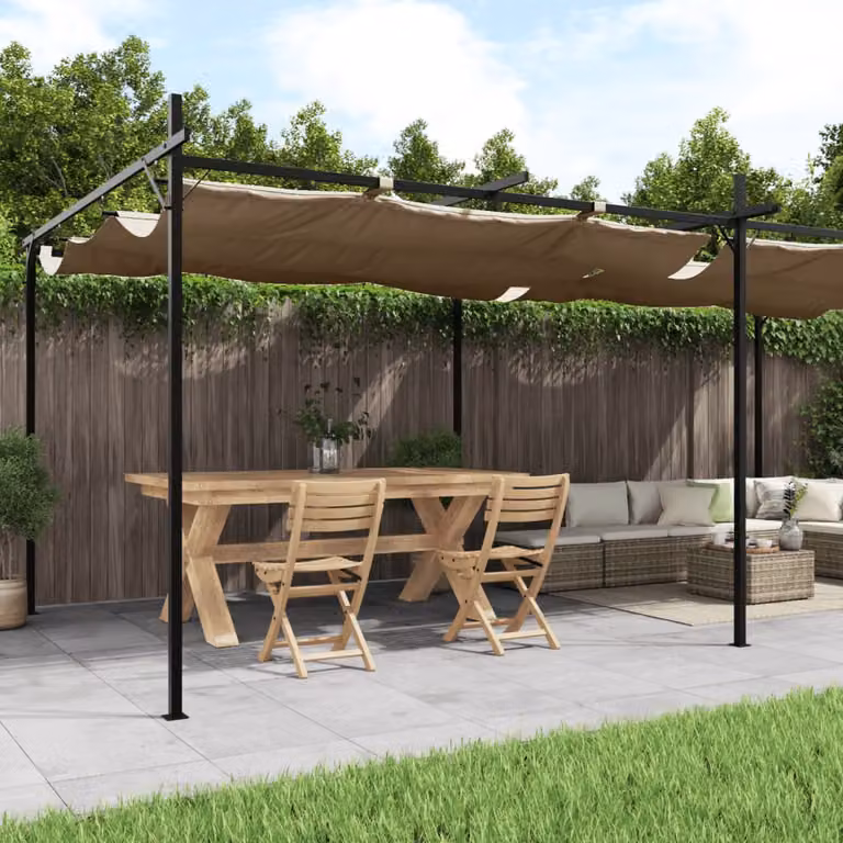 Pergola con Tetto Retrattile vidaXL Colore Beige e Grigio L: 589 cm, P: 292 cm, H: 230 cm