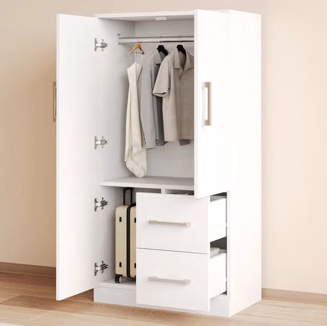 Armadio per bambini moderno in legno bianco con ante a battente e cassetti integrati L 70 cm, P 40 cm, H 135 cm