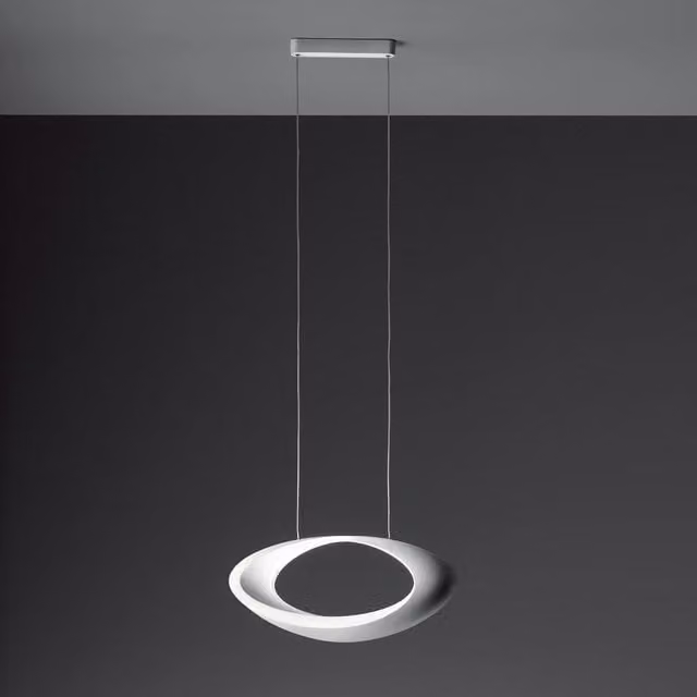 Lampada a sospensione Artemide Cabildo LED ad anello, colore bianco e argento, con regolazione dell'intensità luminosa e altezza regolabile